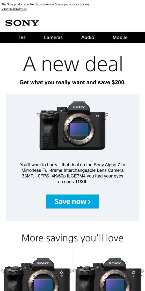 Email from Sony. New Deal Alert: an Item You Liked is Now $200 Off