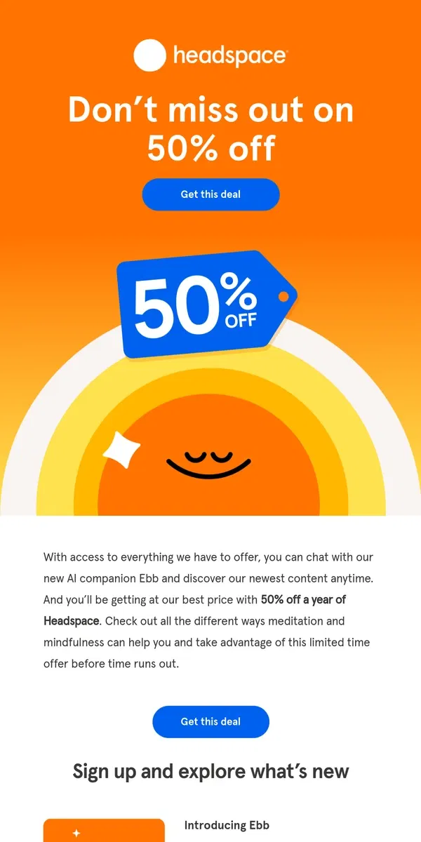 Email from Headspace. [Name], don't miss 50% off