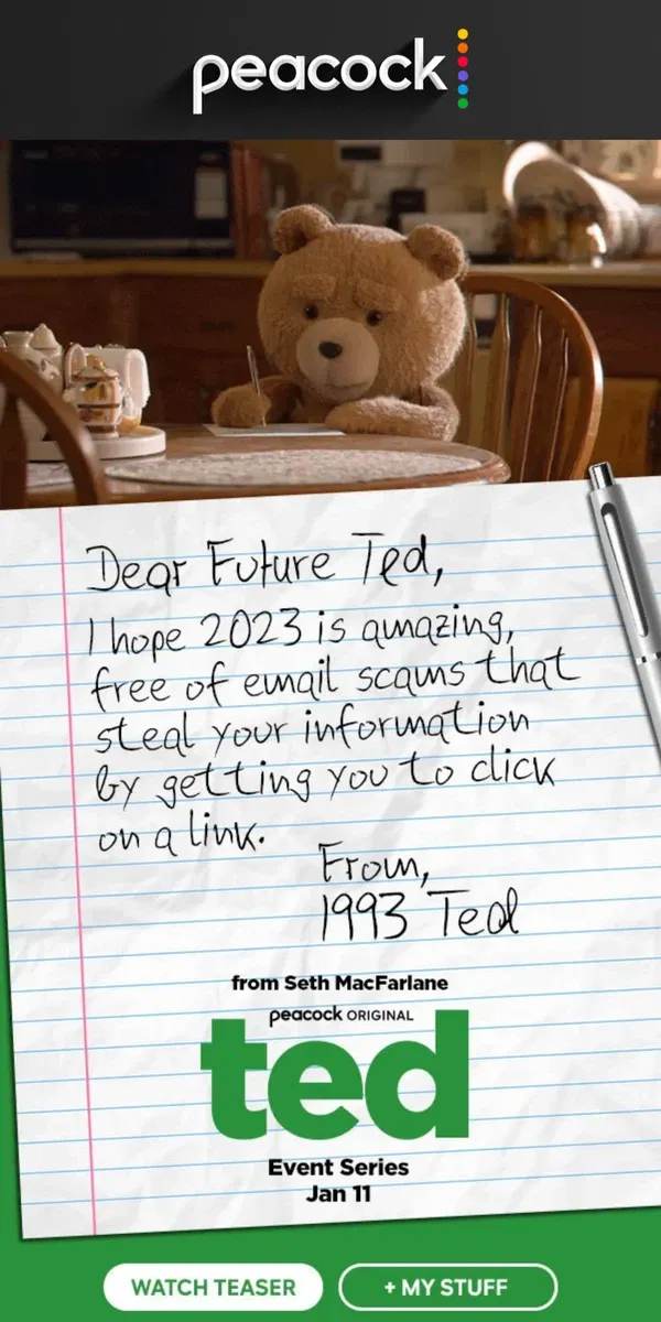 Email from Peacock. a note to future Ted 🖊️