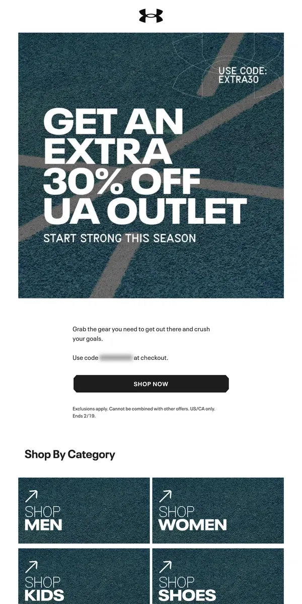 Email from Under Armour. Ends Soon: Extra 30% off UA Outlet