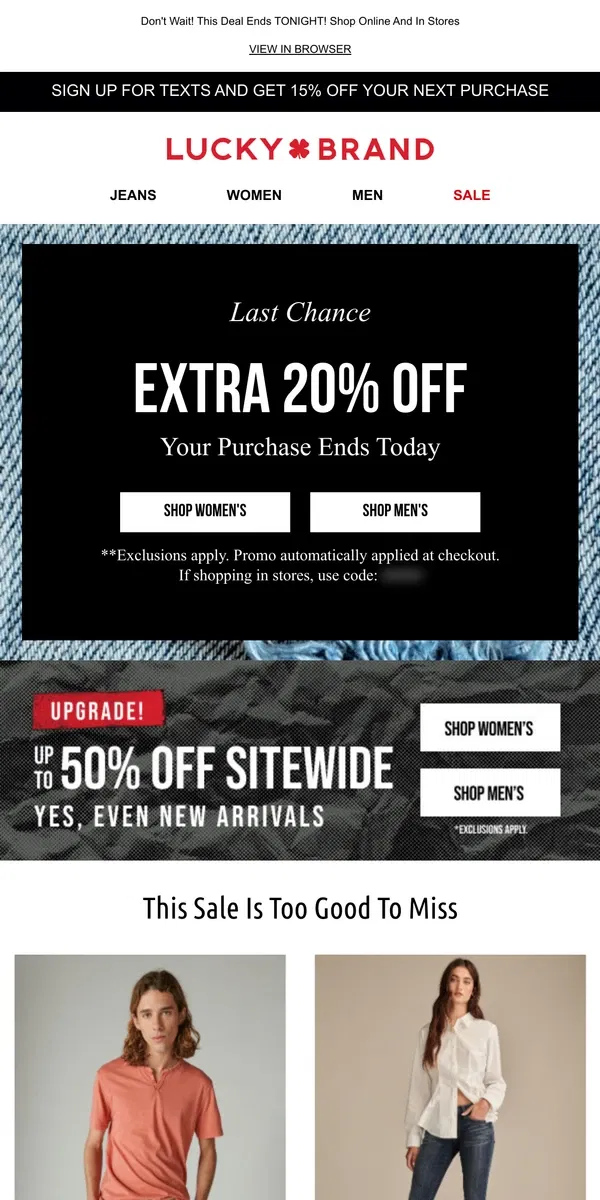 Email from Lucky Brand. 🚨 ENDS TODAY! Extra 20% Off + Up To 50% Off Even NEW Styles