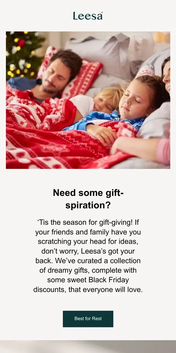 Email from Leesa. 'Tis the season! Here's some gift-spiration for your loved ones