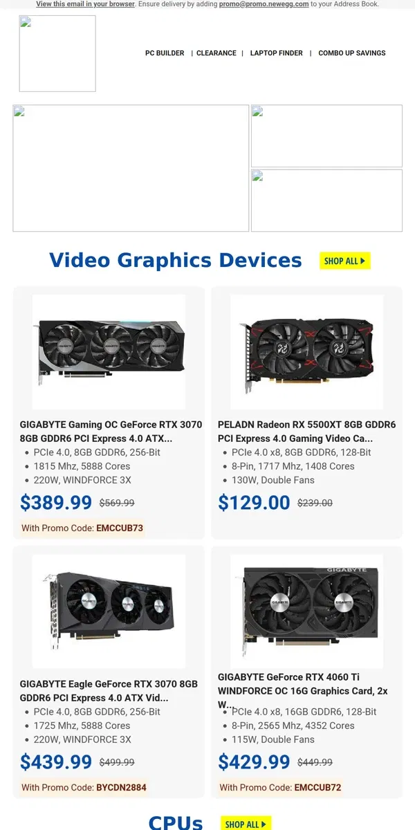 Email from Newegg. Tech Fan Specials: Unleash Power with 3070 VGA & AMD CPUs!