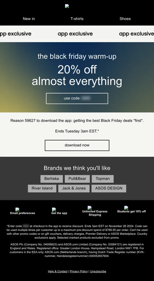 Email from ASOS. App exclusive: 20% off almost everything!