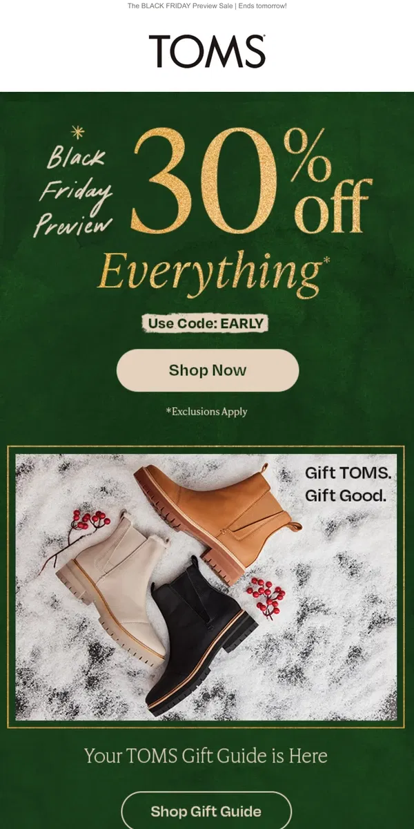 Email from TOMS. Your holiday gift guide 🎁 30% off EVERYTHING