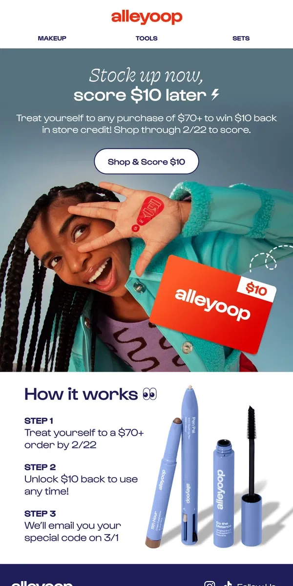 Email from Alleyoop. Stock up & score $10 later