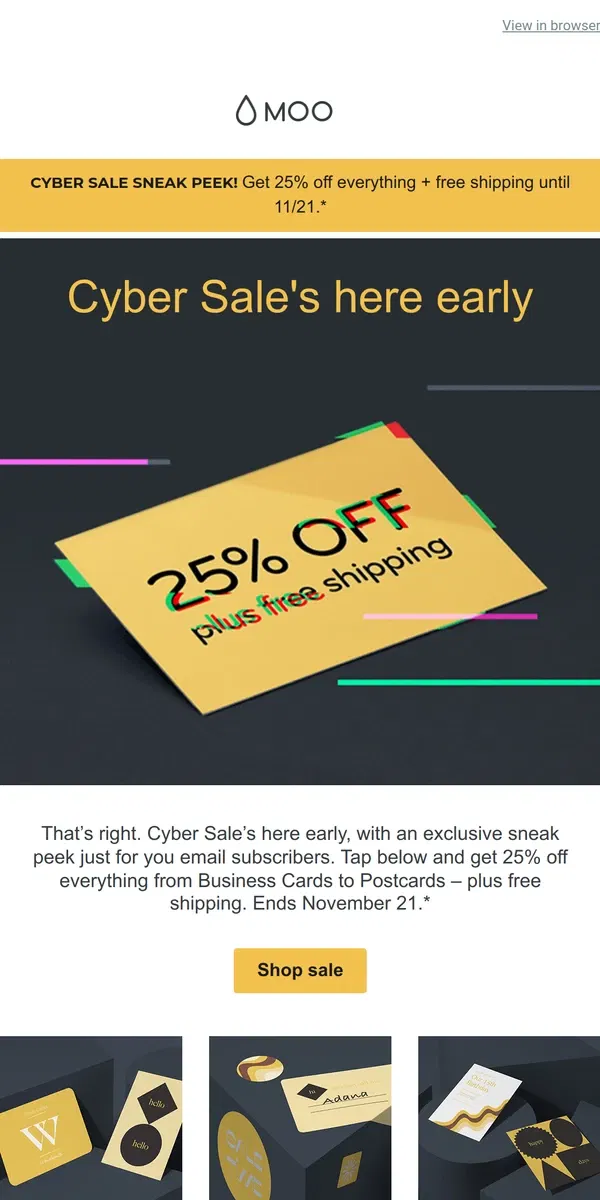 Email from MOO. 📩 Inside: Your VIP pass to Pre-Cyber sale savings