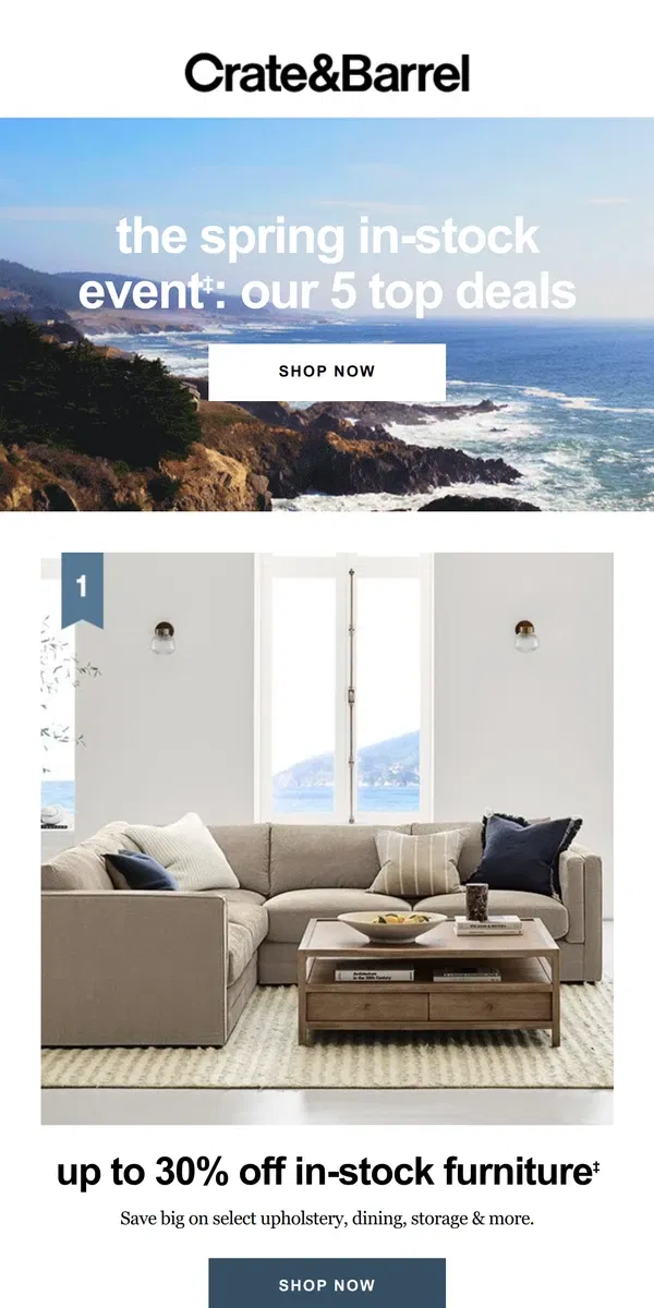 Email from Crate & Barrel. Our 5 top deals of the season are on! Don't miss them →