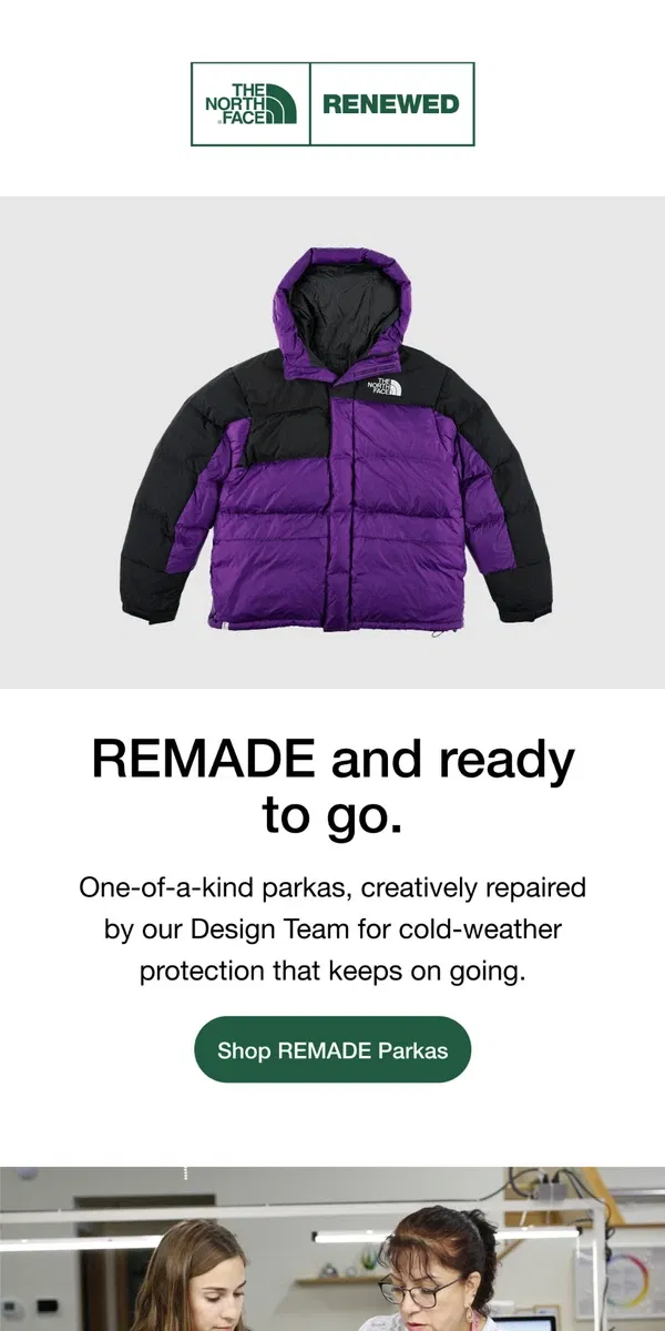 Email from The North Face. The North Face Renewed: REMADE Parkas.