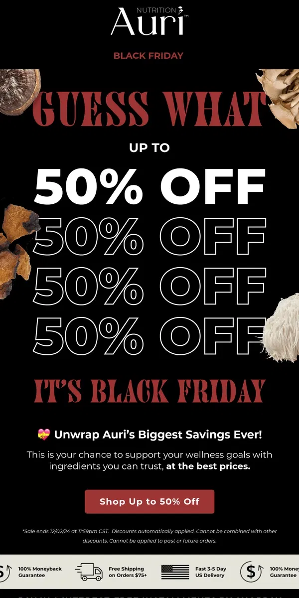 Email from Auri Nutrition. 🍄 Black Friday is Here!