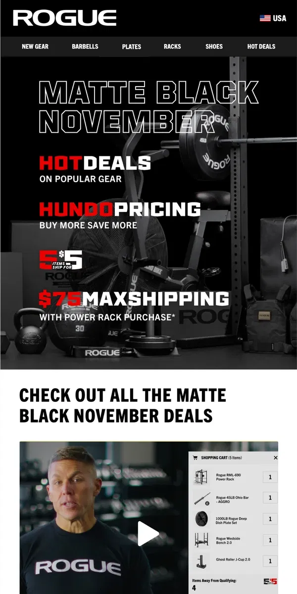 Email from Rogue Fitness. Matte Black November is Live!