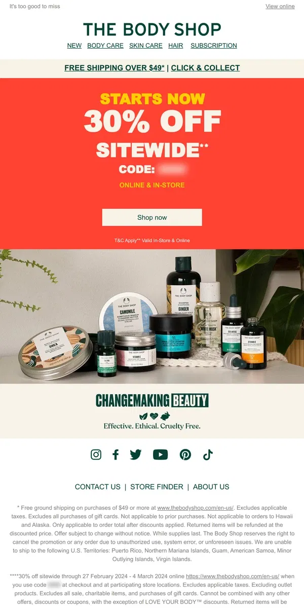 Email from The Body Shop. Starts Now - 30% Off EVERYTHING