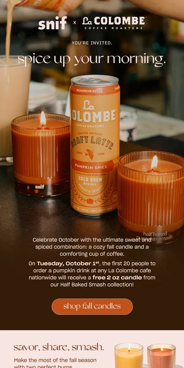 Email from Snif. Meet you at La Colombe on Tuesday. 🎃