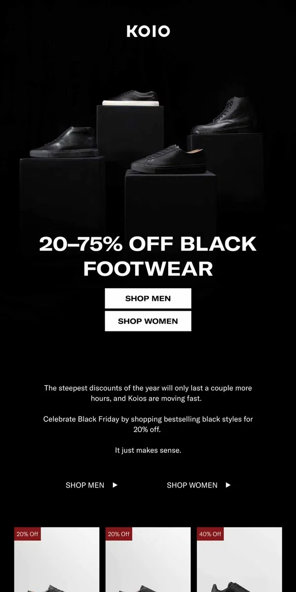 Email from Koio. BLACK SHOES ARE 20–75% OFF