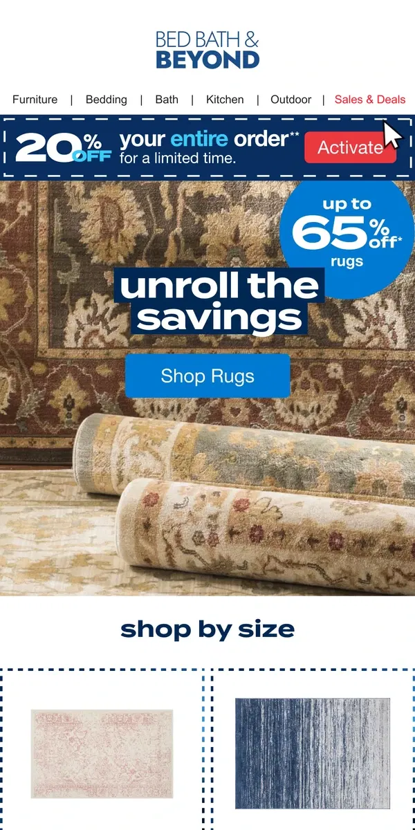 Email from Bed Bath & Beyond. Refresh Your Space with Up to 65% Off Rugs!