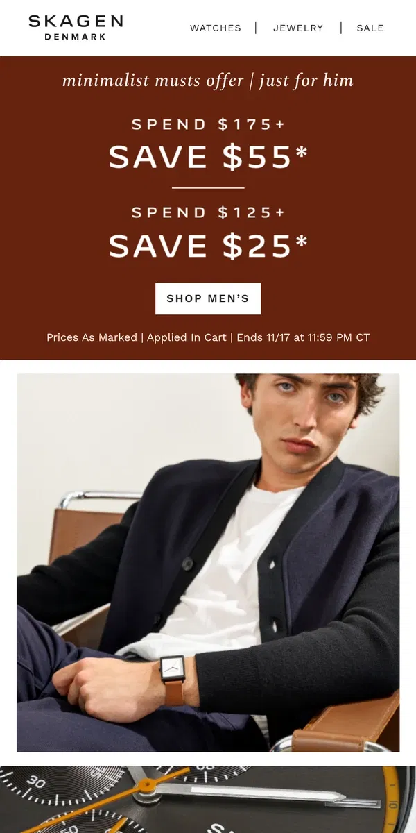 Email from Skagen. season's minimalist musts up to $55 off.