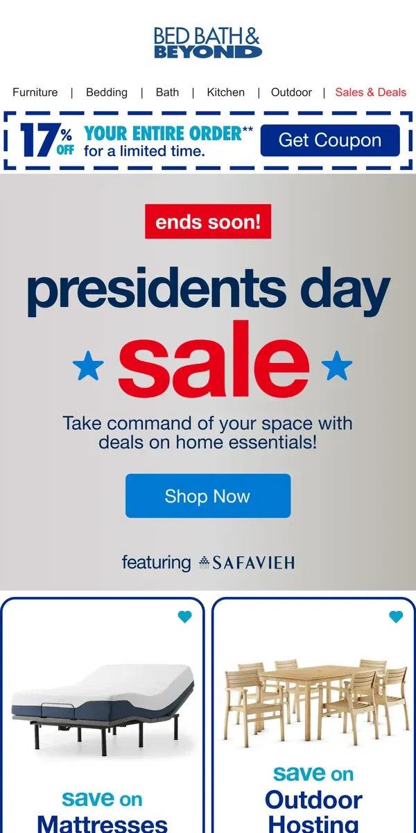 Email from Bed Bath & Beyond. Our Extended Presidents Day Sale Ends Soon 🚨