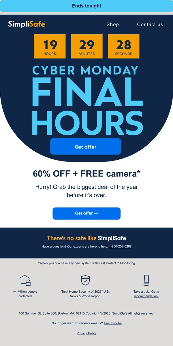 Email from SimpliSafe. Now or never - your Cyber Monday discount is ending