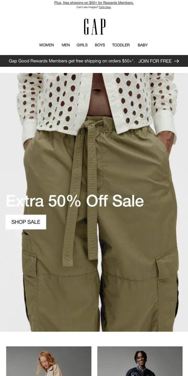 Email from GAP. You've got access to today's deal: extra 50% off sale