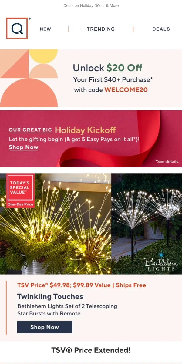 Email from QVC. Take $20 Off + Decorate with Bethlehem Lights