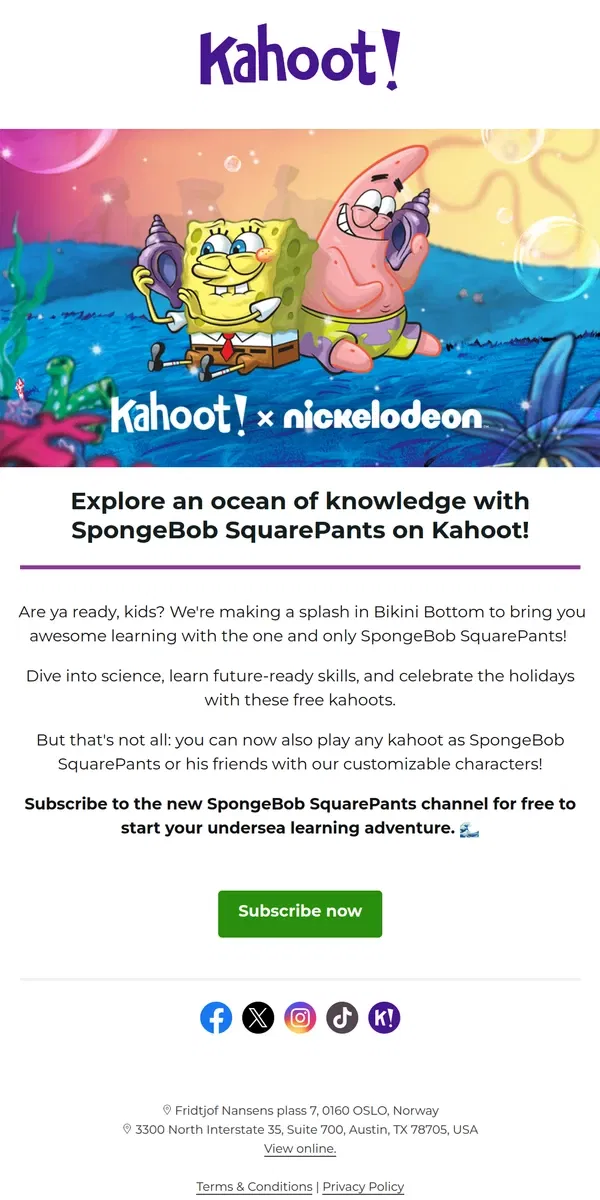 Email from Kahoot!. Explore an ocean of knowledge with SpongeBob SquarePants on Kahoot!