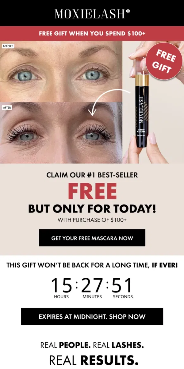 Email from MoxieLash. Spend $100, Get Our Best-Selling Mascara FREE – Today Only!