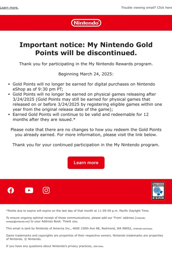 Email from Nintendo. My Nintendo Gold Points are being discontinued