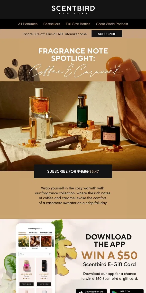 Email from Scentbird. Cozy up to fall: Coffee & caramel scents