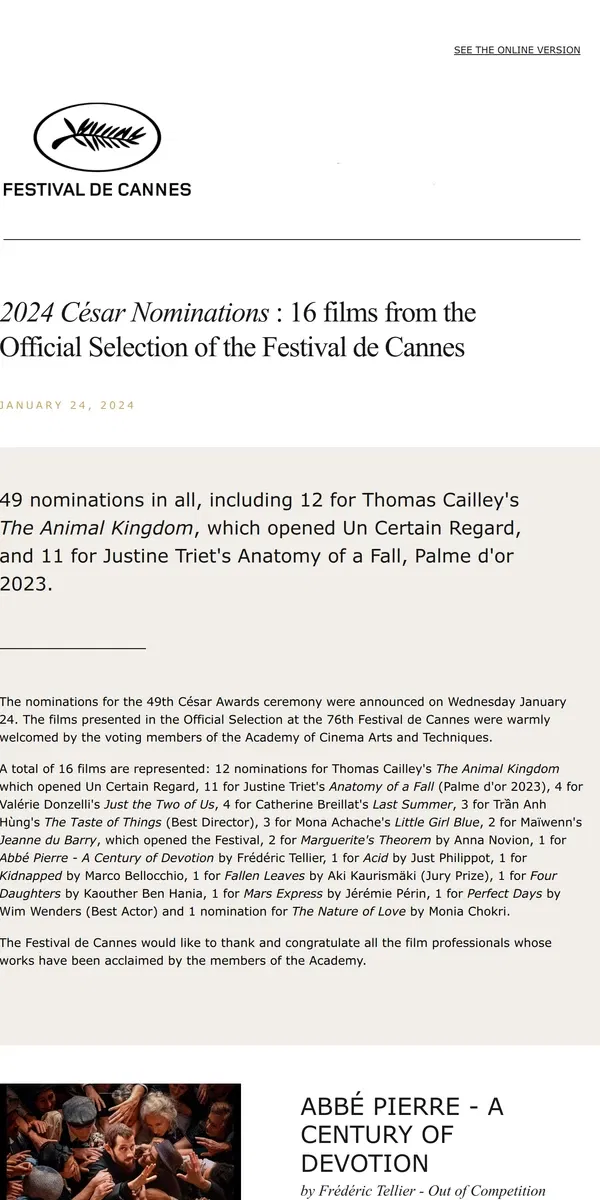 Email from Festival de Cannes. 2024 César Nominations : 16 films from the Official Selection of the Festival de Cannes