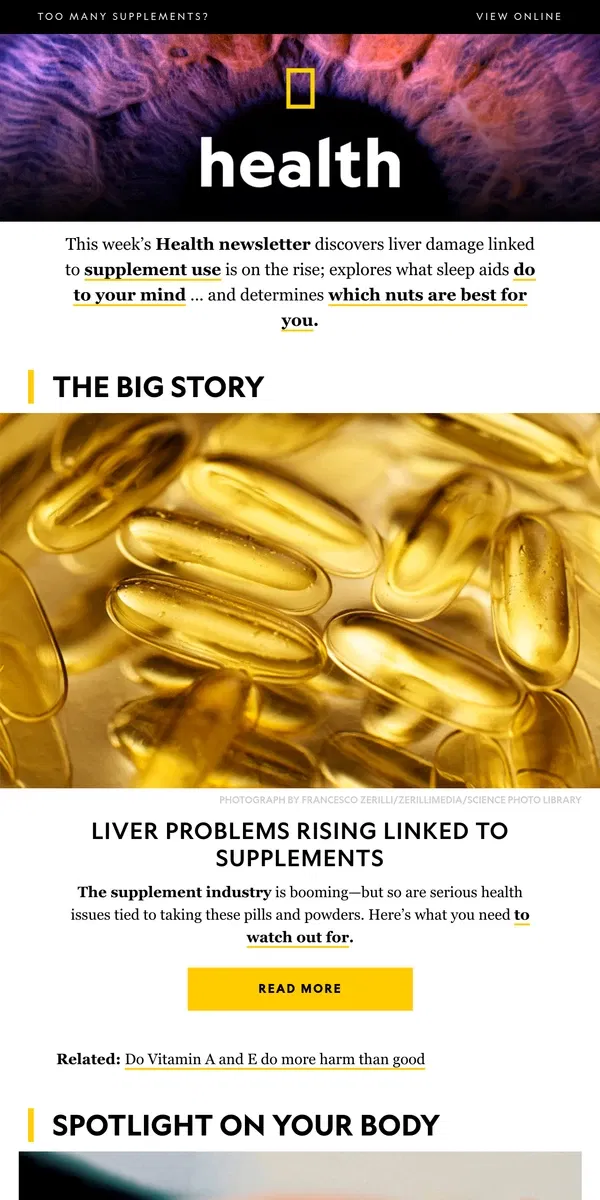 Email from National Geographic. Liver problems linked to supplement use; sleep aid dangers