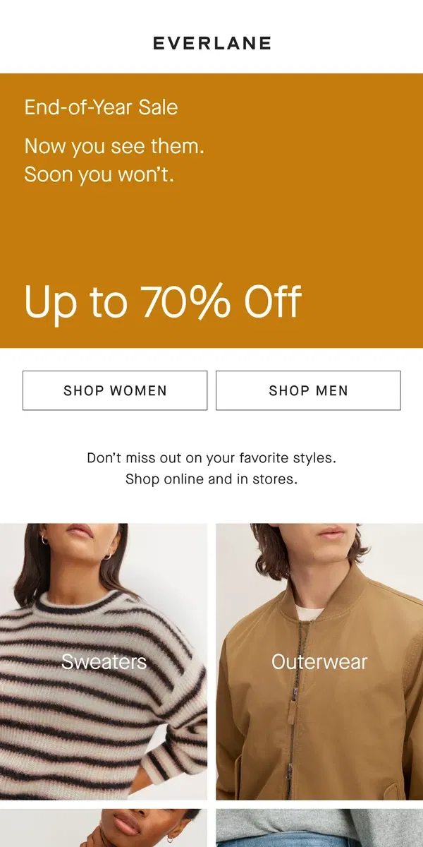 Email from Everlane. One More Day: Up To 70% Off