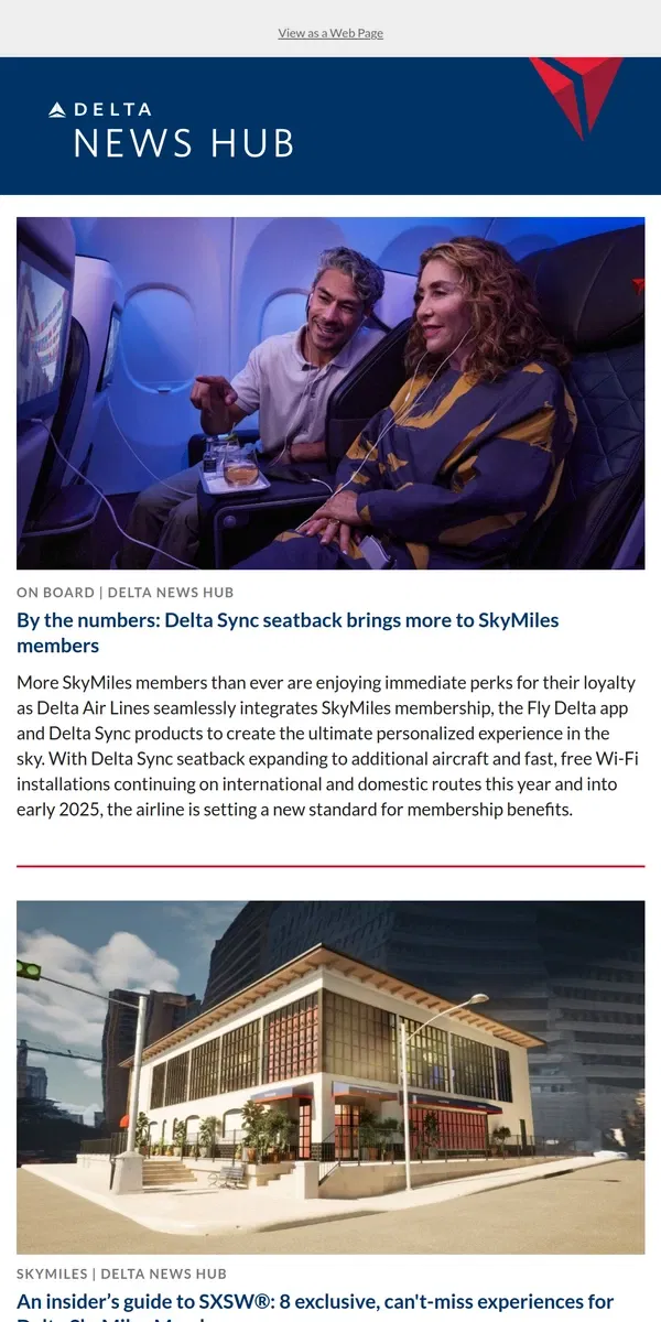 Email from Delta Air Lines. Delta Sync seatback brings more to SkyMiles members