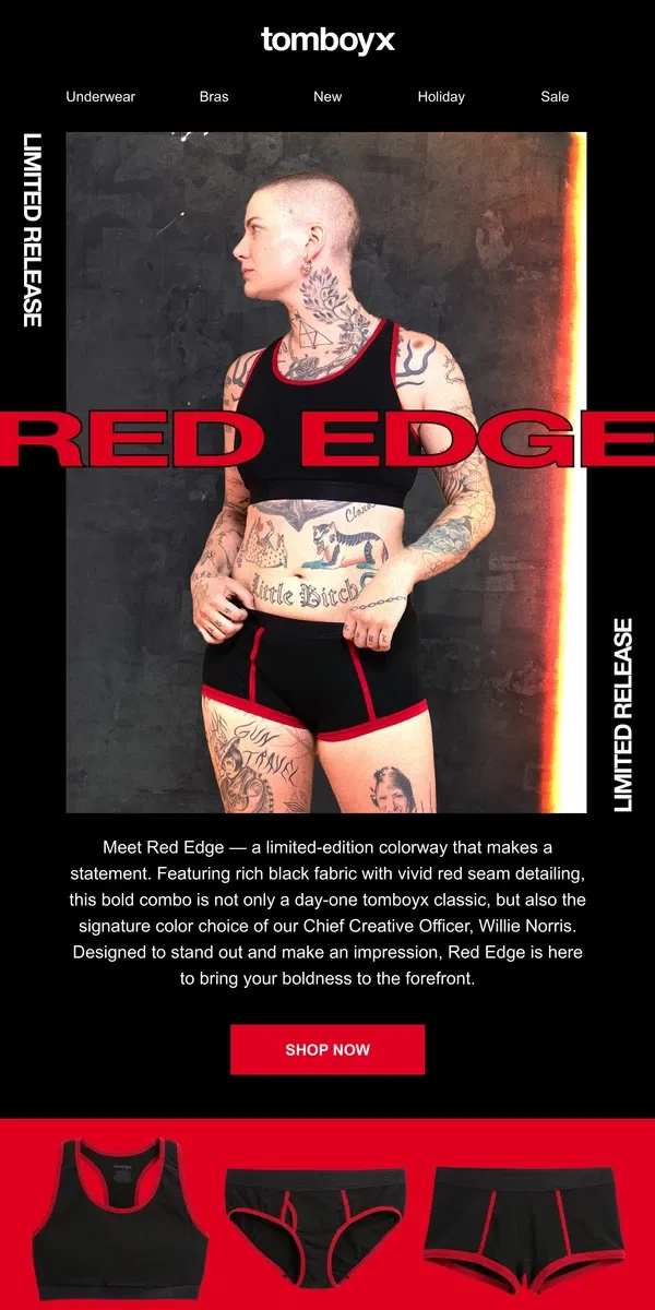 Email from TomboyX. New limited color release: Red Edge