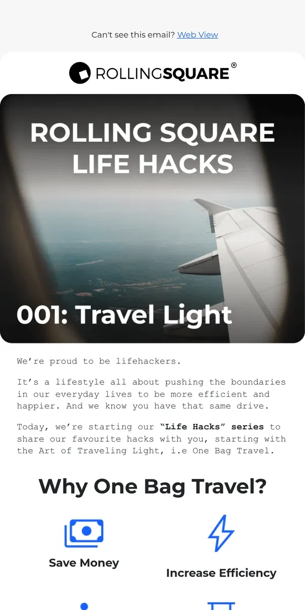 Email from Rolling Square. One of our favourite life hacks! ✈️