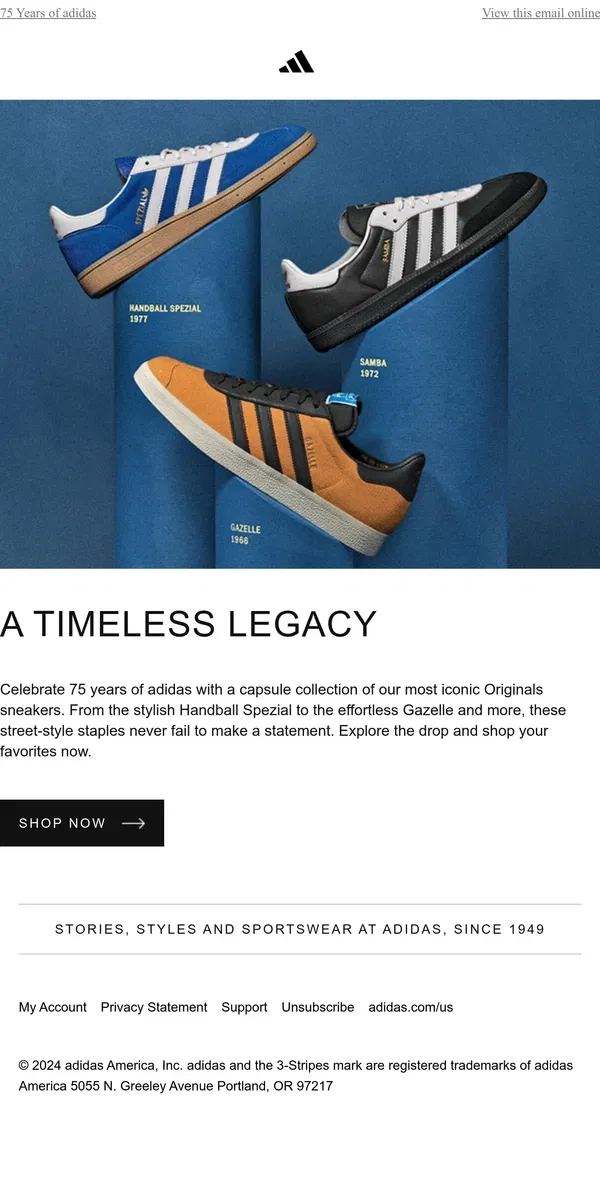 Email from Adidas. Celebrate 75 years of adidas