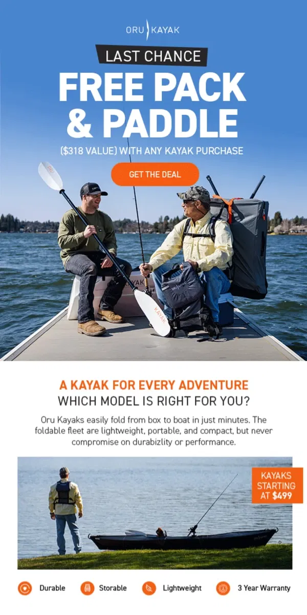 Email from Oru Kayak. Last Call ‼️ Free Pack + Paddle ($318 Value)