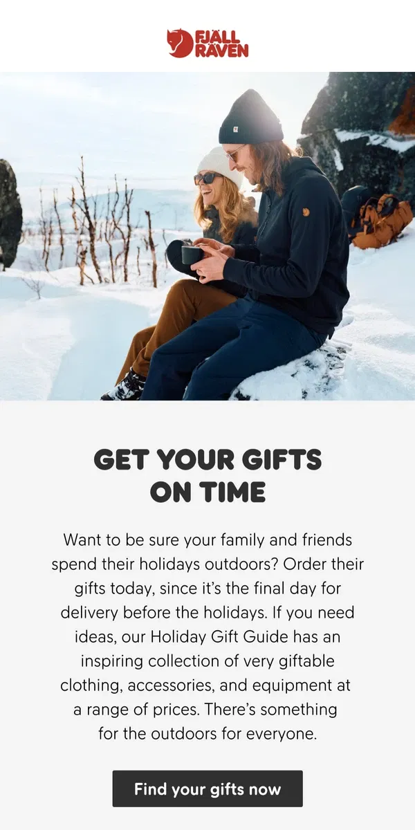 Email from Fjällräven. Order today for delivery before the holidays