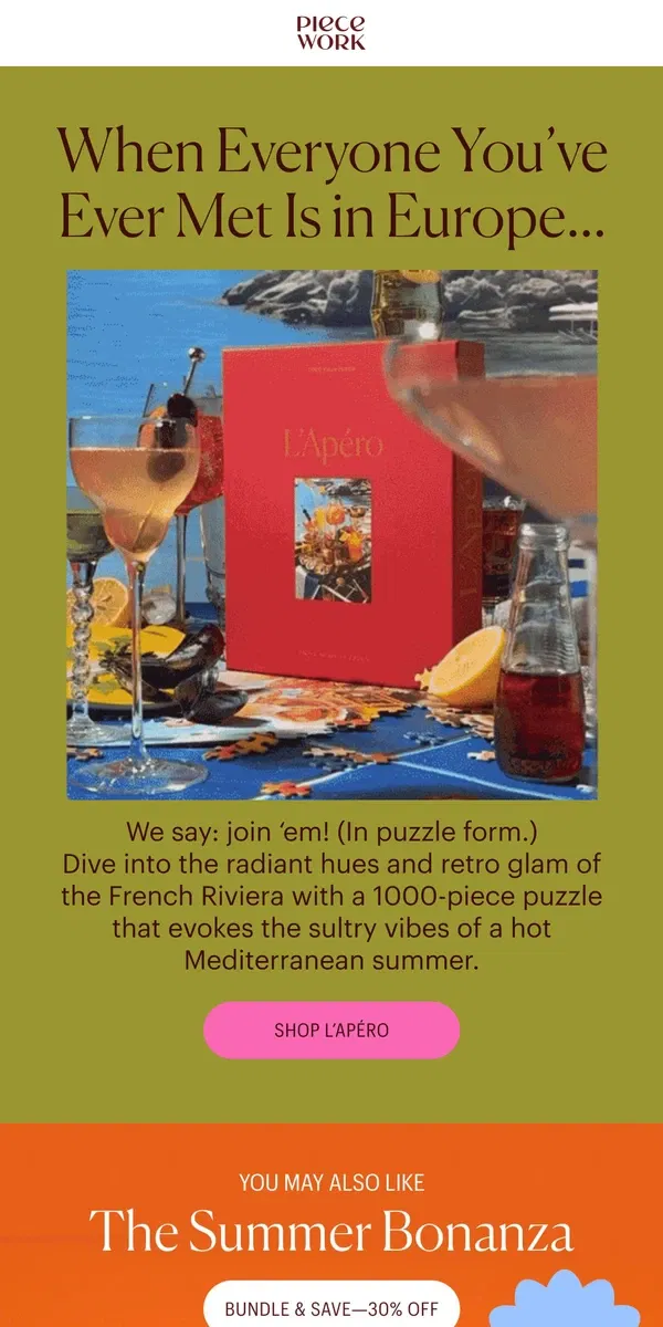 Email from Piecework Puzzles. Trending Now 🍋🦐☀️🍉🏖️