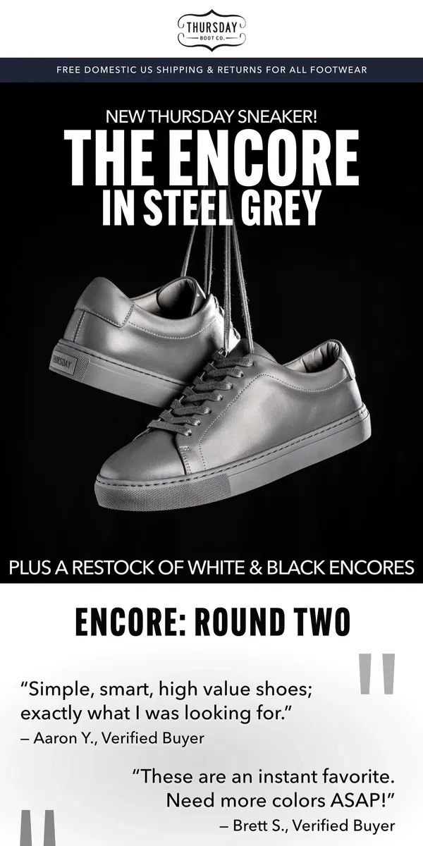 Email from Thursday Boot Company. New Encore Sneaker Color!