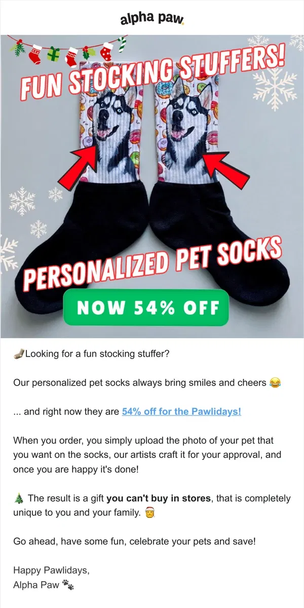 Email from Alpha Paw. 🧦 50% Off Great Stocking Stuffers