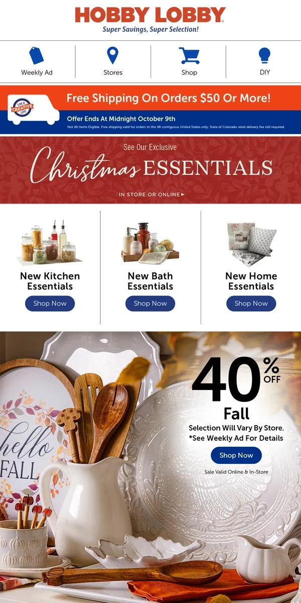 Email from Hobby Lobby. Serve In Style With 40% Off Fall 🍁