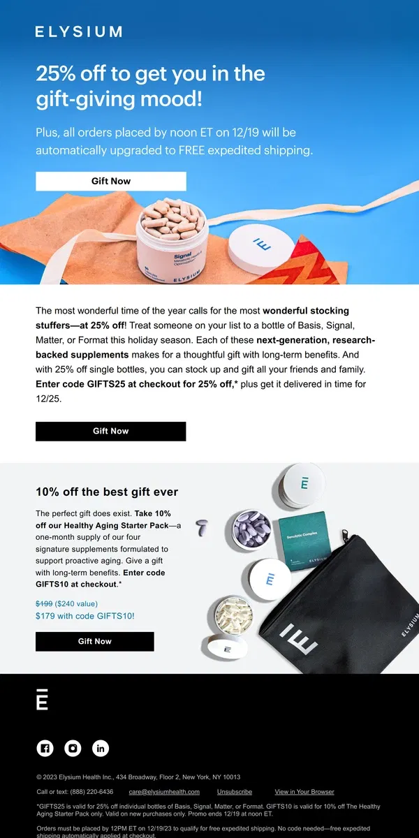 Email from Elysium Health. 25% off science-backed stocking stuffers—delivered on time  ✨