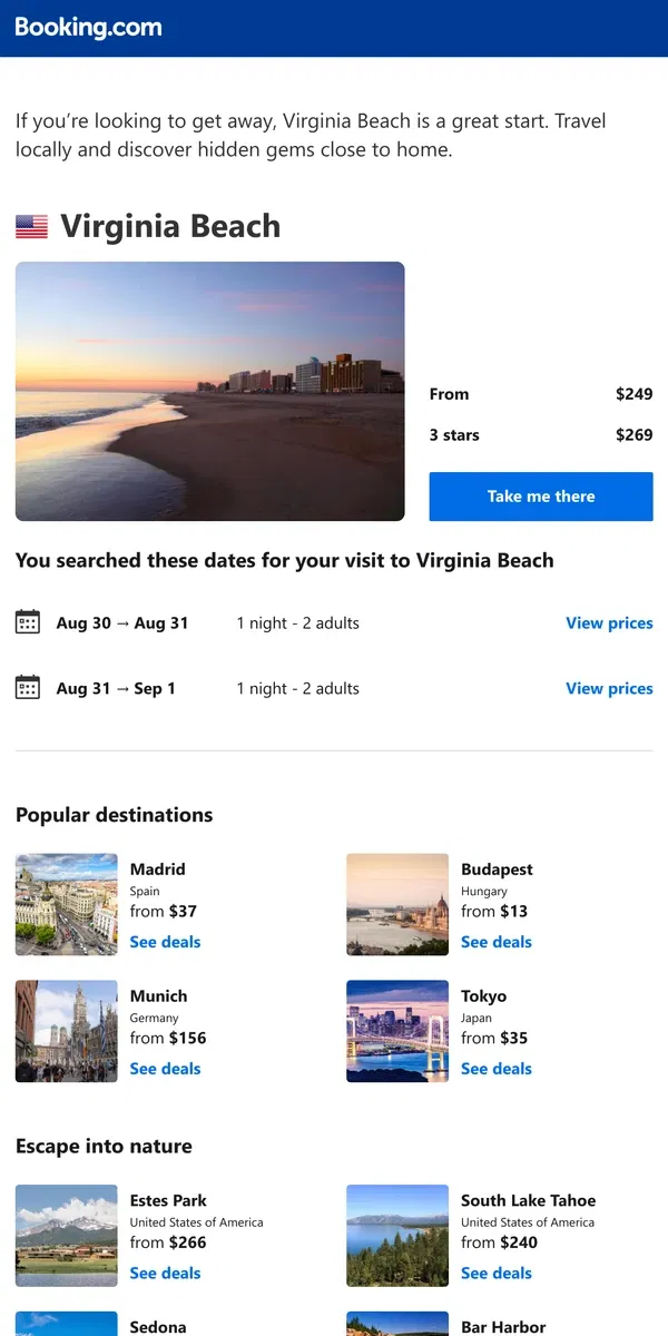 Email from Booking.com. Don’t forget your search for Virginia Beach – prices as low as $249!