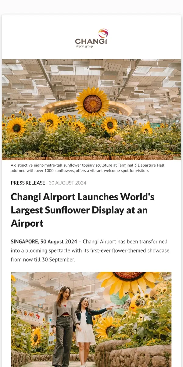 Email from Changi Airport. Changi Airport Launches World's Largest Sunflower Display at an Airport