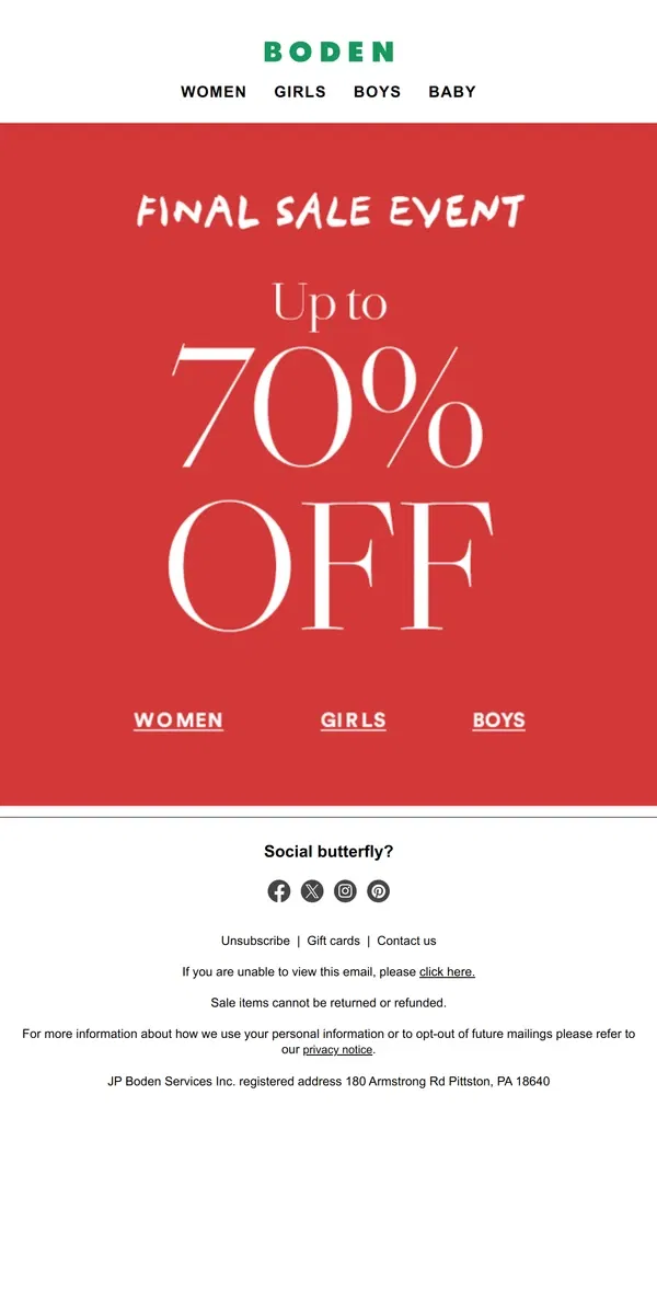 Email from Boden. Shop up to 70% off sale