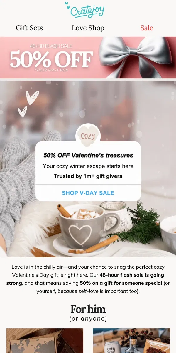 Email from Cratejoy. Sweet savings: Score a Valentine’s gift at 50% OFF 💕