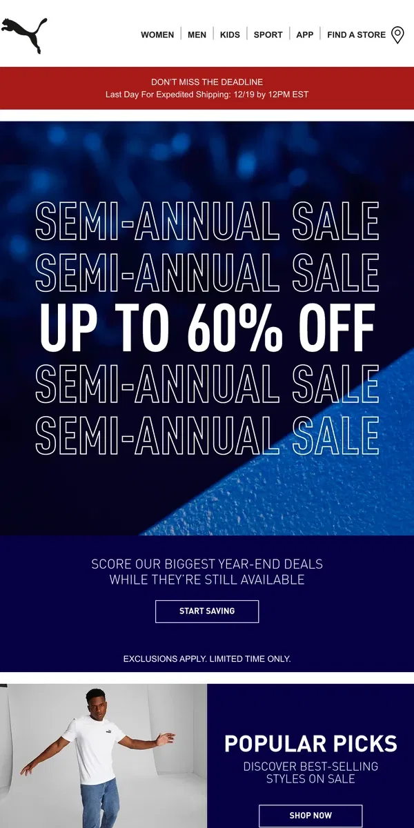 Email from Puma. Year-End Savings: Up to 60% Off