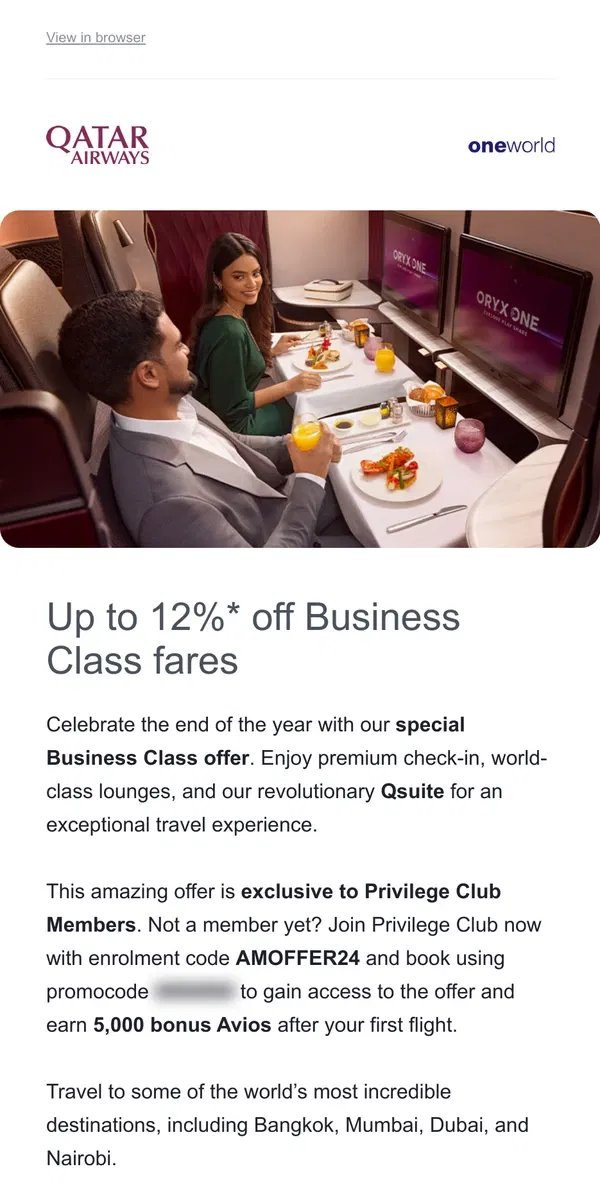 Email from Qatar Airways. [LIMITED TIME OFFER] Up to 12%* off Business Class fares