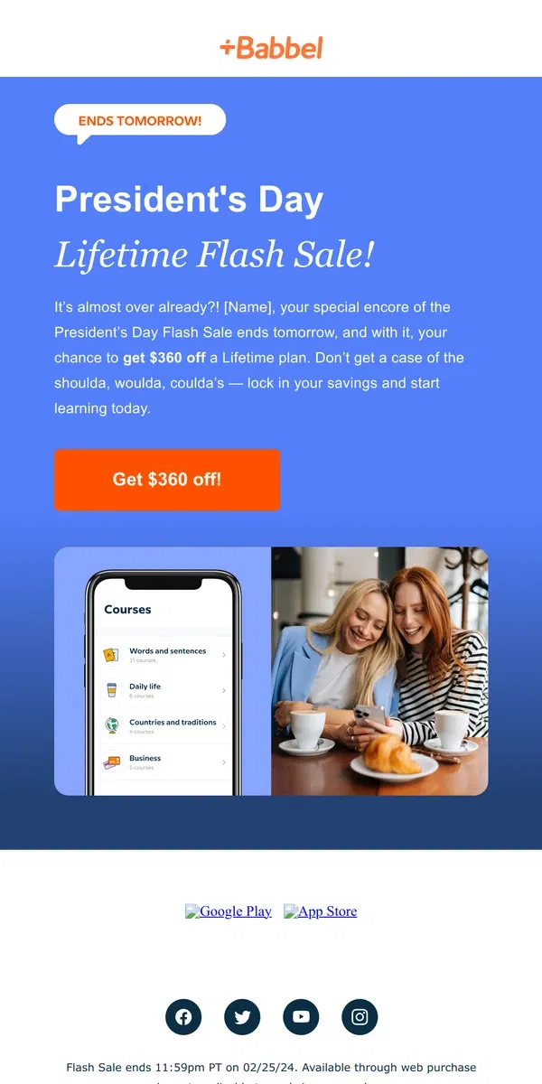 Email from Babbel. One-time payment, lifetime access - save $360 now.