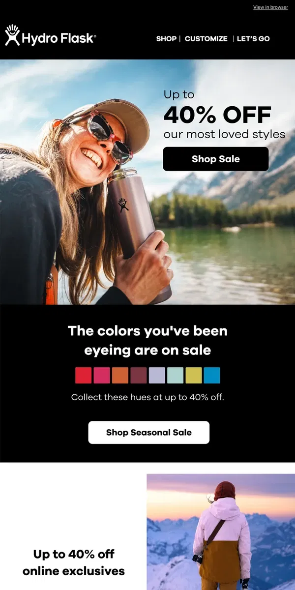 Email from Hydro Flask. Up to 40% off seasonal sale